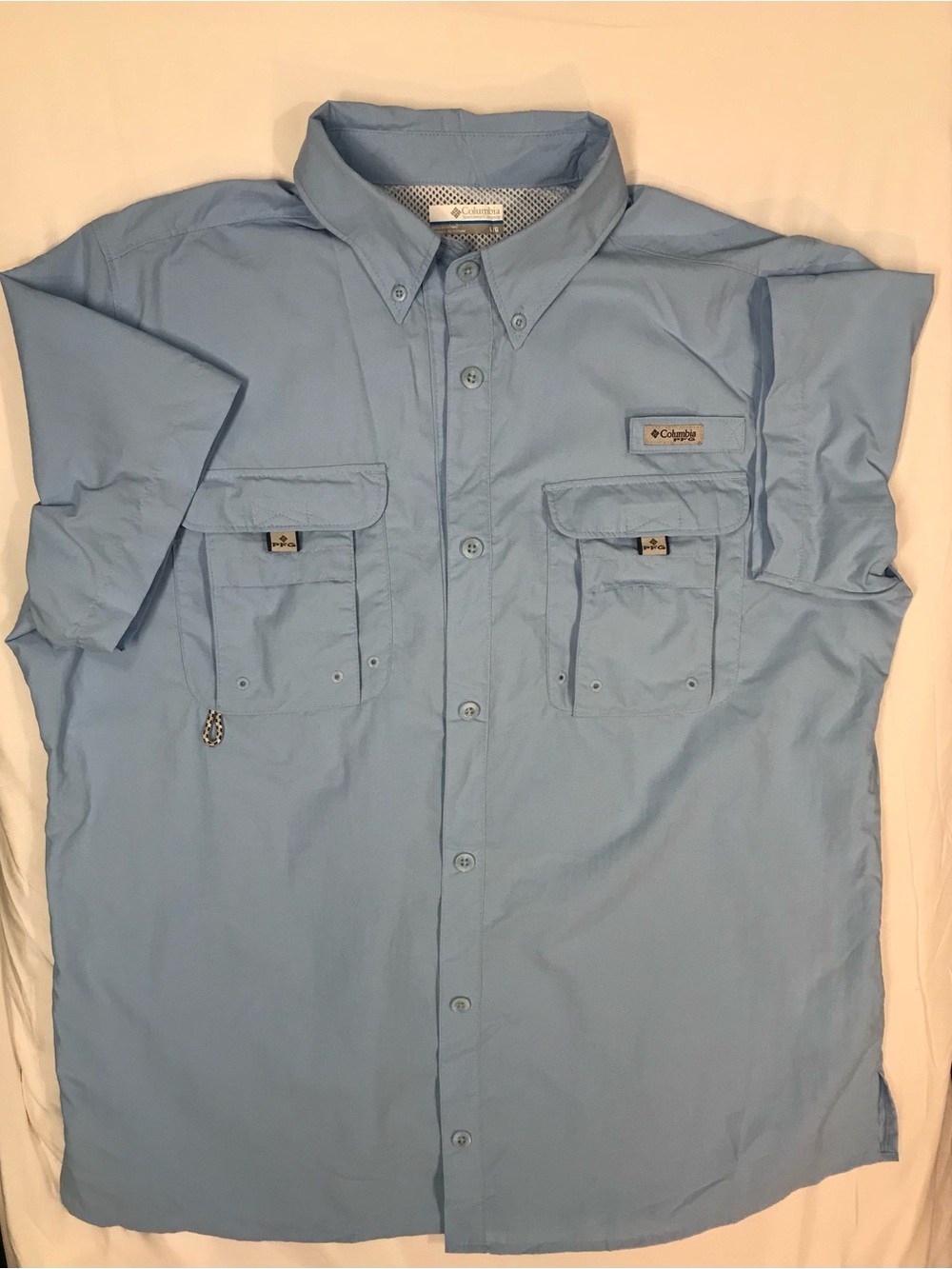 Columbia PFG Mens L Blue Short Sleeve Button-Down Fishing Shirt Pockets